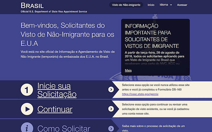 Tela principal do site Aiu usvisa-info