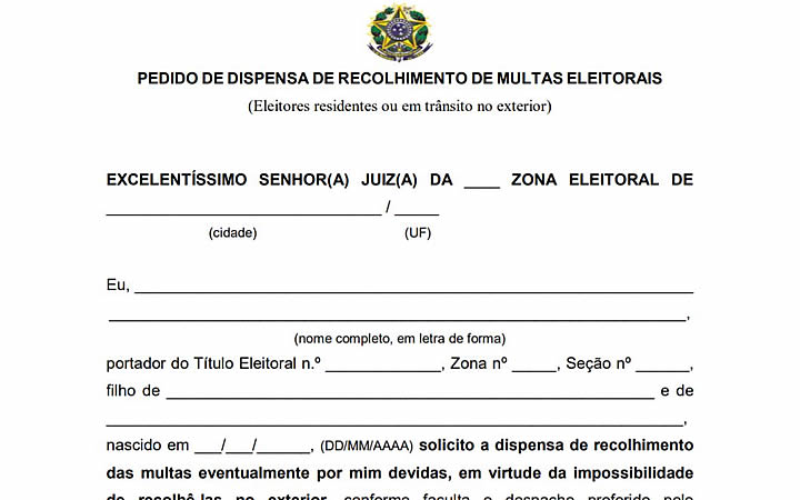Pedido de dispensa de recolhimento de multas eleitorais Pedido de dispensa de recolhimento de multas eleitorais