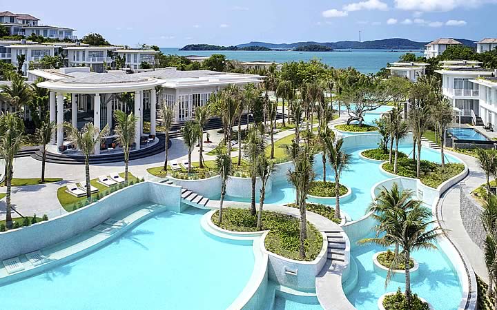 Piscinas com vários coqueiros por perto em um Resort