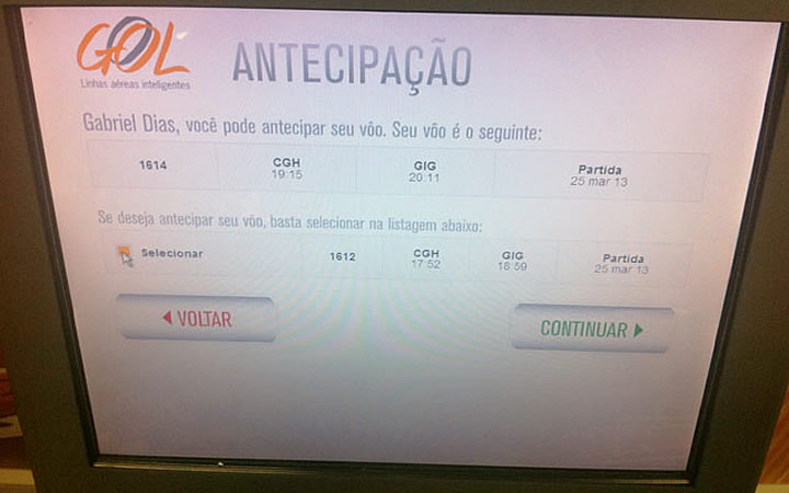 Tela de Antecipação de viagem da Gol Tela de Antecipação de viagem da Gol